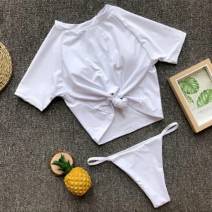 Maillot de bain deux pièces sexy 3 couleurs, manches courtes, noué, couleur unie, pour femme, collection 2026