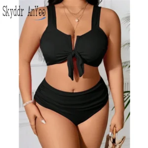 Maillot de bain femme grande taille 2025, bikini côtelé deux pièces, taille haute, noir, effet ventre plat.