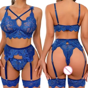 Ensemble de lingerie érotique bleu en maille fine et délicate pour femme, comprenant soutien-gorge, culotte et porte-jarretelles en dentelle. Costume sexy et exotique.