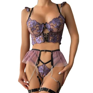Lingerie érotique pour femme, ensemble sexy en dentelle florale transparente comprenant soutien-gorge et culotte, avec porte-jarretelles et body.