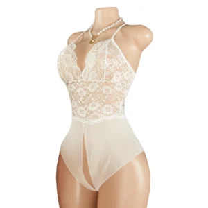 Body en dentelle transparente blanche, décolleté plongeant en V, lingerie sexy pour femme, entrejambe ouverte, nuisette érotique.