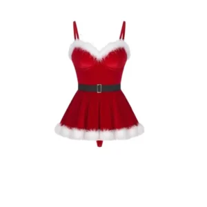 Lingerie de Noël sexy pour femme, déguisement de Noël, soutien-gorge corset à armatures en flanelle rouge avec bordure en fausse fourrure. Uniforme de Noël sexy