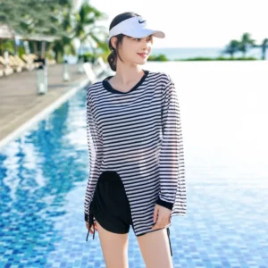 Maillot de bain grande taille pour fille, coupe classique, fente tendance, sport, protection solaire, manches longues, amincissant, style thermal, ensemble trois pièces