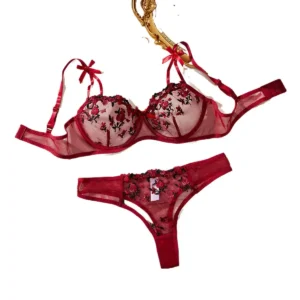 Ensemble de lingerie érotique pour femme, soutien-gorge et culotte brodés de fleurs, en dentelle transparente et sensuelle, effet push-up.