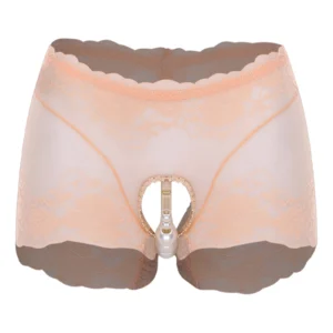 Culotte sexy sans entrejambe pour femme, culotte ouverte à l'entrejambe, ornée de fausses perles amovibles et de dentelle florale transparente.