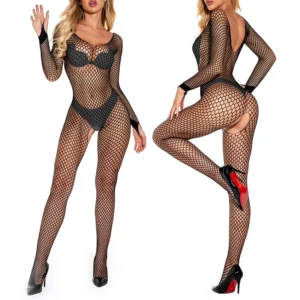 Body noir sexy en résille pour femme, combinaison moulante à entrejambe ouverte, collants en maille, lingerie, chaussettes, vêtements de nuit, body