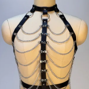 Harnais de poitrine sexy gothique avec chaîne, soutien-gorge, corset, lingerie en cuir, lingerie bondage, vêtements fétichistes gothiques