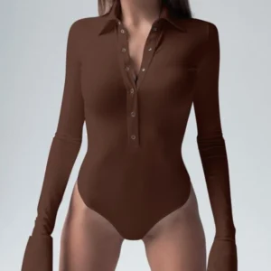 Body à simple boutonnage, manches longues, une pièce, lingerie féminine à col rabattu, hauts sexy, vêtements élégants pour femmes, coupe ajustée