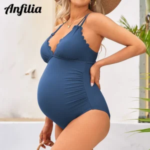 Maillot de bain une pièce de maternité Anfiia pour femme, couleur unie, bretelles doubles élastiques, décolleté en V profond, bordure festonnée.