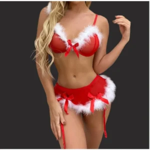 Ensembles de lingerie de Noël pour femmes, costumes érotiques pour jeux de rôle, soutien-gorge, culotte et jarretières en dentelle rouge sexy à bretelles et nœud papillon.