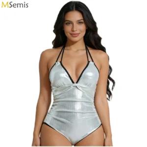 Maillot de bain une pièce bikini pour femme, brillant et lustré, style dos nu à nouer, froncé, coupe ajustée, body de bain.
