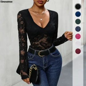 Body en maille transparente à manches longues pour femme, col V sexy, dentelle florale, style années 2000, idéal pour les sorties, les rendez-vous en ville, les soirées en boîte.