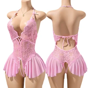 Ensemble de lingerie rose délicate avec soutien-gorge à boucle sur le devant et culotte ouverte à l'entrejambe, robe femme dos nu à col halter, sous-vêtements sexy