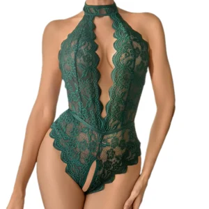 Lingerie sexy verte dos nu et entrejambe ouvert pour femme, sous-vêtements érotiques, body dos nu en dentelle à fleurs, nuisette, pyjama, tenue 18+