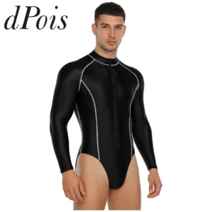 Maillot de bain homme brillant, combinaison intégrale à manches longues avec fermeture éclair, idéale pour la plage, le surf, la natation et l'entraînement.