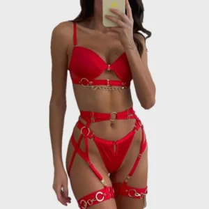 Ensemble de lingerie gothique à chaînes pour femme : soutien-gorge push-up à bonnets ouverts et string ajouré avec porte-jarretelles à bretelles réglables, style BDSM sexy