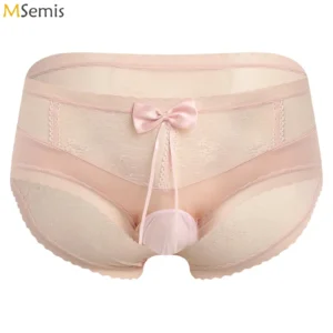 Culottes sexy pour homme, style travesti, avec poche bombée, nœud mignon et dentelle florale. Sous-vêtements transparents, style anime, mignons et féminins.