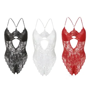 Body sexy en dentelle pour femme, lingerie, pyjama tentateur sans entrejambe, mini-robe en dentelle à col V, body une pièce uni, dos nu
