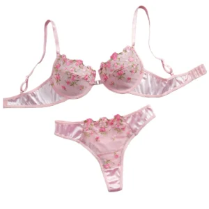 Ensemble de lingerie rose à broderies florales 2 pièces, armatures, semi-transparent, fermeture devant à double agrafes au dos, sous-vêtements sexy pour occasions romantiques