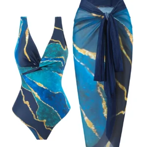 Maillot de bain une pièce pour femme, décolleté en V, nœud croisé, sexy et élégant, effet ventre plat et silhouette affinée, style européen et américain tendance. Ensemble deux pièces imprimé marbre bleu avec paréo en résille, voile à nouer et jupe courte.