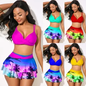 Maillot de bain sexy à volants pour femme, ensemble bikini push-up ajouré croisé, imprimé érable, jupe de bain grande taille