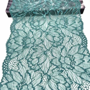 Lot de 3 pièces, largeur 23 cm, vert foncé avec bordure en dentelle élastique argentée, pour la lingerie, la couture, les loisirs créatifs et la confection de vêtements. Tissu en dentelle pour robes et accessoires.