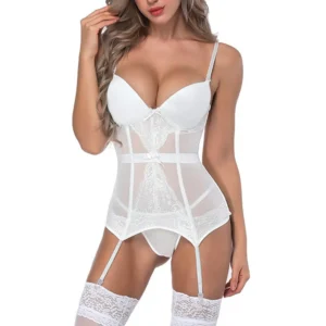 Ensemble de lingerie féminine blanc bustier corset gaine sexy avec string transparent et sous-vêtements érotiques blancs nuisette