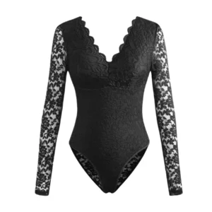 Combinaison moulante sexy en dentelle pour femme, collection automne 2026. Haut corset transparent à manches longues et volants, col en V, coupe ajustée. Couleur unie.