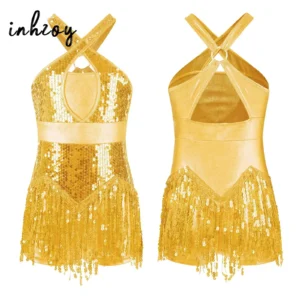 Justaucorps à paillettes et franges pour petites filles, idéal pour la danse latine (jazz, claquettes, salsa, rumba, samba, cha-cha). Costumes de spectacle.