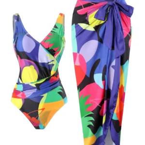 Nouveau maillot de bain une pièce pour femme, coupe slim, imprimé, taille haute, décolleté plongeant, style bikini français couvrant le ventre.