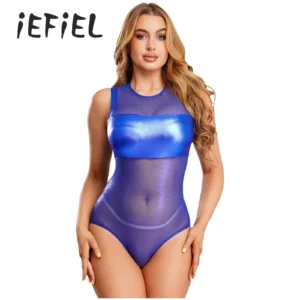 Maillots de bain brillants pour femmes Body métallique brillant en Maille transparent sans manches Fermeture éclair dos Justaucorps Combinaison Tenue de plage