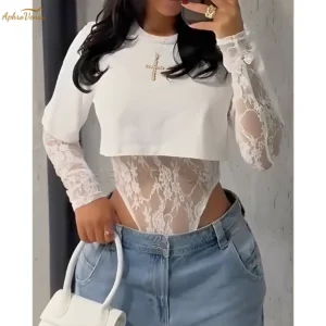 Ensemble deux pièces body et t-shirt en dentelle sexy, lingerie femme, style streetwear Y2K, vêtements d'été décontractés, tailles S à XXL