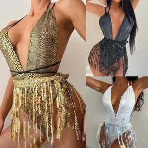 Maillots de bain une pièce sexy à décolleté plongeant pour femmes, style européen et américain. Maillots de bain une pièce à franges pour filles en boîte de nuit.