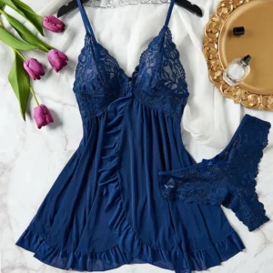 Nuisette en tulle bleu avec bretelles et décolleté en V en dentelle pour femme, lingerie, sous-vêtements, mini-robe transparente, ensemble string, nuisettes
