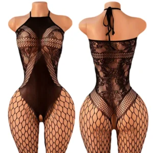 Body noir sexy sans entrejambe pour femme, collant transparent, tenue érotique pour adulte, sous-vêtements résille.