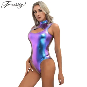 Maillot de bain femme, body métallisé une pièce, combinaison moulante sans manches, justaucorps, maillot de bain de pool party, combinaison de gymnastique, costume de boîte de nuit