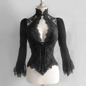 Blouse vintage en dentelle gothique pour femme, col roulé sexy, décolleté en V profond, manches longues évasées, coupe ajustée, haut élégant et tendance.