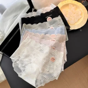 Culottes en dentelle douce et résille, taille mi-haute, fines et sans coutures, entrejambe en coton transparent, sous-vêtements pour femmes