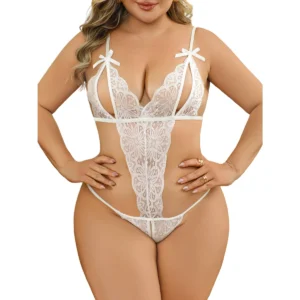 Lingerie sexy grande taille XL-4XL, soutien-gorge en dentelle transparente, ensemble sans entrejambe, nuisette, nuisette effet décolleté plongeant