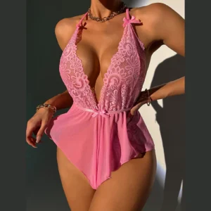 Ensemble de lingerie érotique pour femme : soutien-gorge transparent en dentelle, body sexy avec décolleté plongeant et entrejambe ouvert, sous-vêtements en tulle transparent.