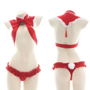 Ensemble de lingerie de Noël sexy rouge Père Noël, bikini décolleté ouvert avec nœud papillon, pyjama et soutien-gorge assortis