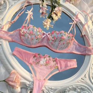 Lingerie sexy pour femme, dentelle fine et transparente, ensemble soutien-gorge et culotte érotique, nuisette brodée de fleurs.