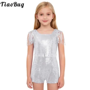Combinaison de danse jazz à paillettes scintillantes pour petites filles, avec franges et ceinture. Combinaison sans manches à bretelles, idéale pour un anniversaire, un mariage, une fête, un concours de beauté ou un bal de promo.