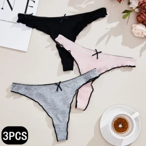 Lot de 3 strings taille basse pour femme, couleur unie, en coton. Lingerie sexy et décontractée, confort optimal.