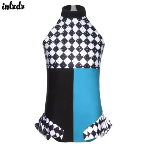 Justaucorps de ballet pour petites filles, costume de clown de cirque, déguisement de cosplay, body à strass scintillants, dos nu, motif écossais, bordure à volants.