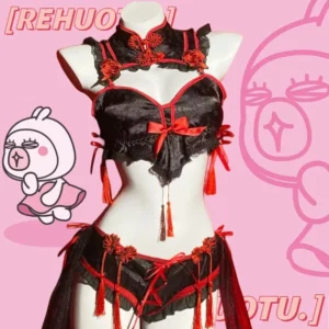 Robe de lingerie Cheongsam gothique vintage, uniforme de soubrette, ensemble de sous-vêtements en dentelle brodée Lolita, costume sexy d'Halloween.