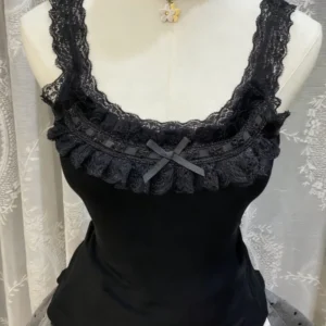 Débardeur sexy gothique vintage pour femme, style hot girl, coupe slim, dentelle noire, épaules dénudées, nœud papillon, style Hepburn Y2K