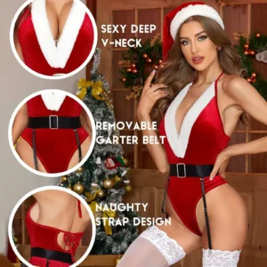 Lingerie de Noël pour femme, body sexy moulant, pyjama d'intérieur de Noël, lingerie Père Noël, body rouge en forme de nounours, Père Noël avec ceinture et chapeau