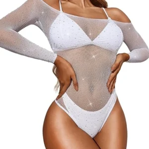 Body en dentelle pour femme, body skinny sexy et basique, top ajouré, body résille à manches longues, lingerie à strass.
