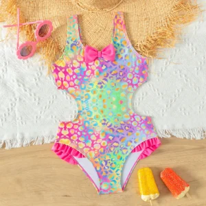 Maillot de bain une pièce pour filles, aux couleurs vives et à volants, avec nœud papillon. Idéal pour l'été à la plage.